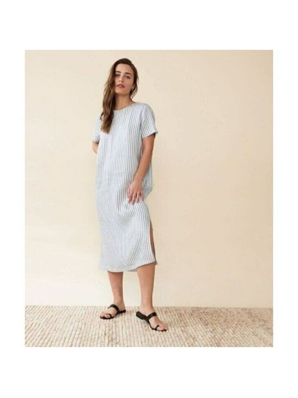 Jenni Kayne Linen Stripe Midi Dress Blue White Size Large